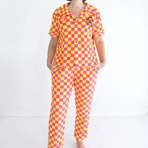 Anti Social Social Club Pink Yellow Checker Velour 2 Piece Pajamas 100% Cotton S - Picture 2 of 16